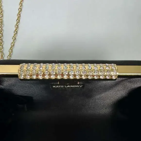 Kate Landry Black Satin Evening Box Clutch with Rhinestone Clasp - Picture 4 of 8